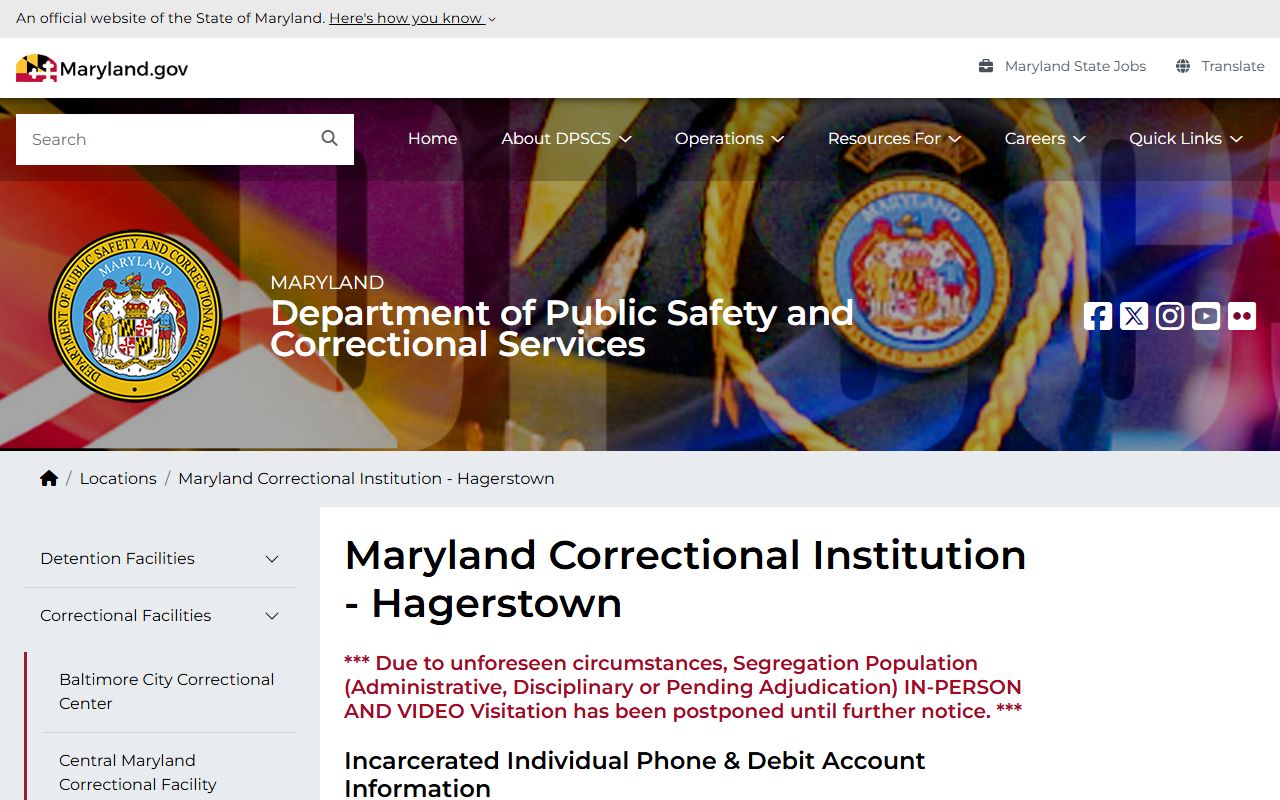 DPSCS Maryland Correctional Institution - Hagerstown facility page showing contact and visitation information