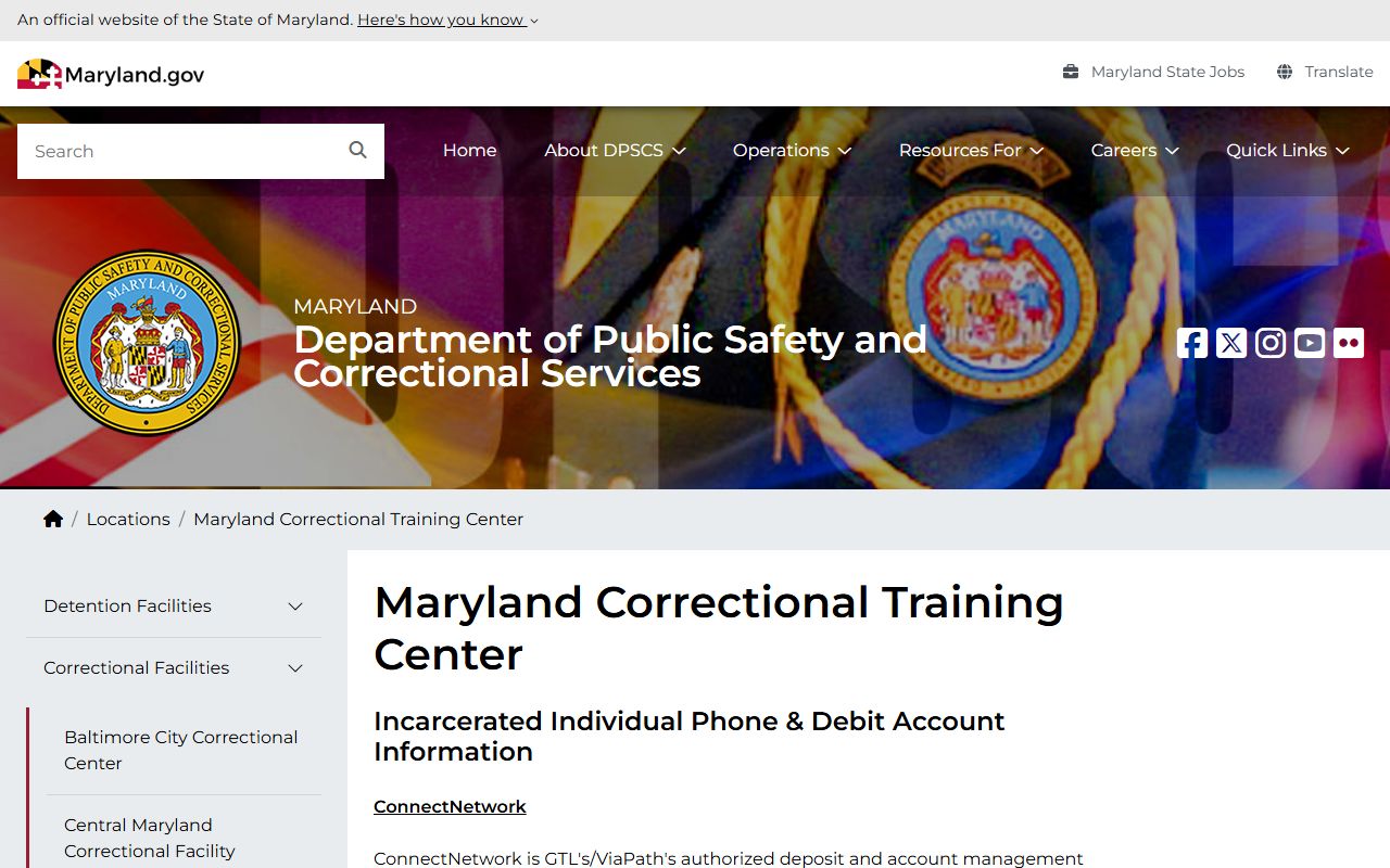 DPSCS Maryland Correctional Training Center page showing contact and visit schedule information