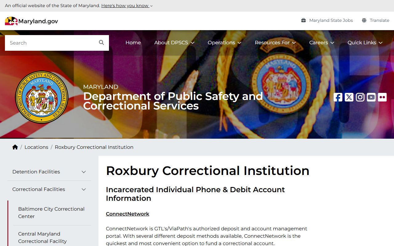 DPSCS Roxbury Correctional Institution page showing contact and visiting hours