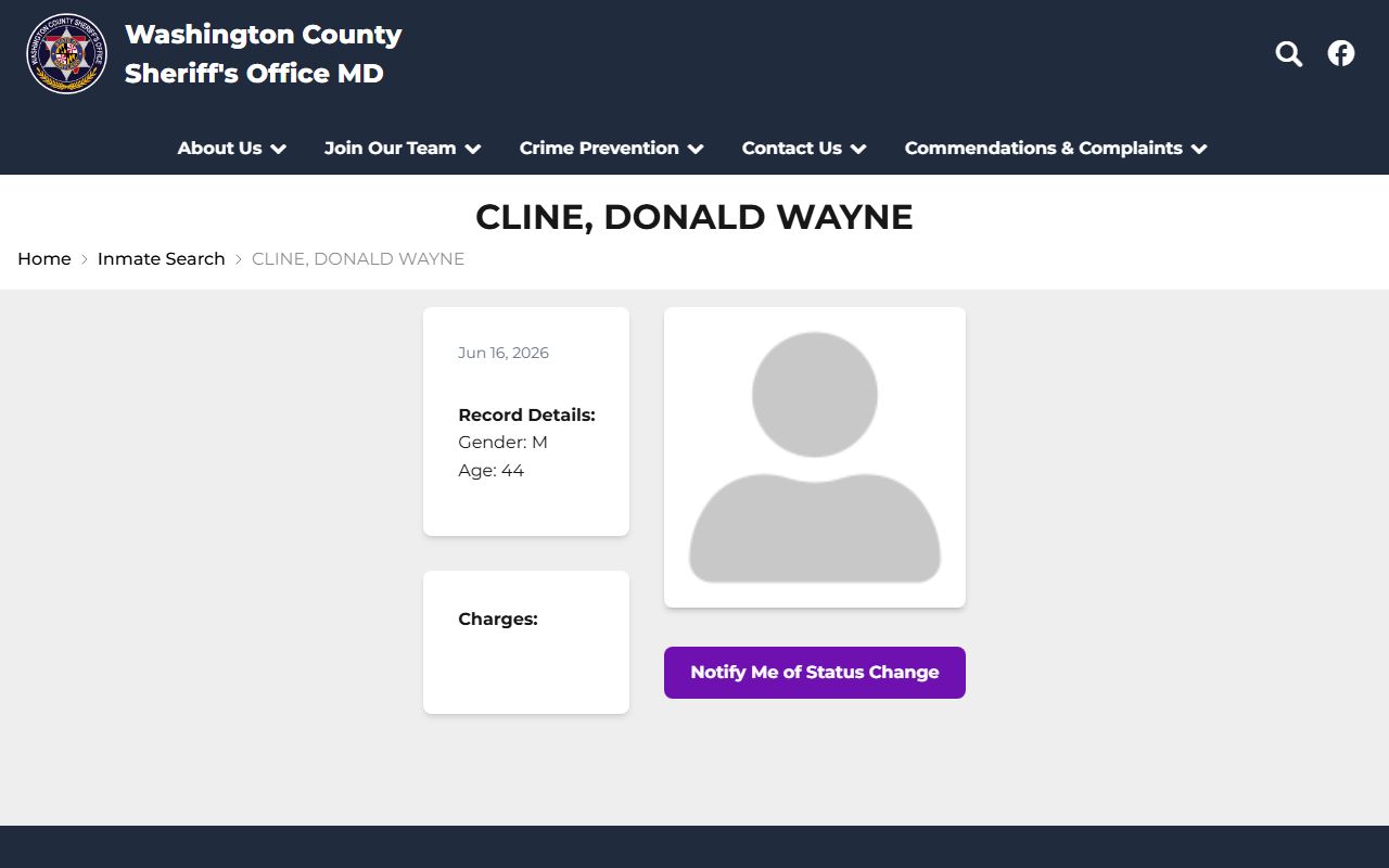 Washington County inmate records sample public profile with image slot and VINELink button